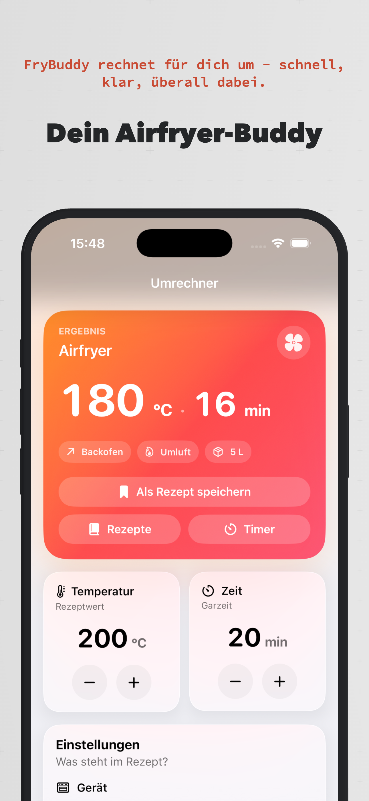 FryBuddy App – Dein Airfryer-Buddy: Umrechner mit Ergebnis 180 °C und 16 Min