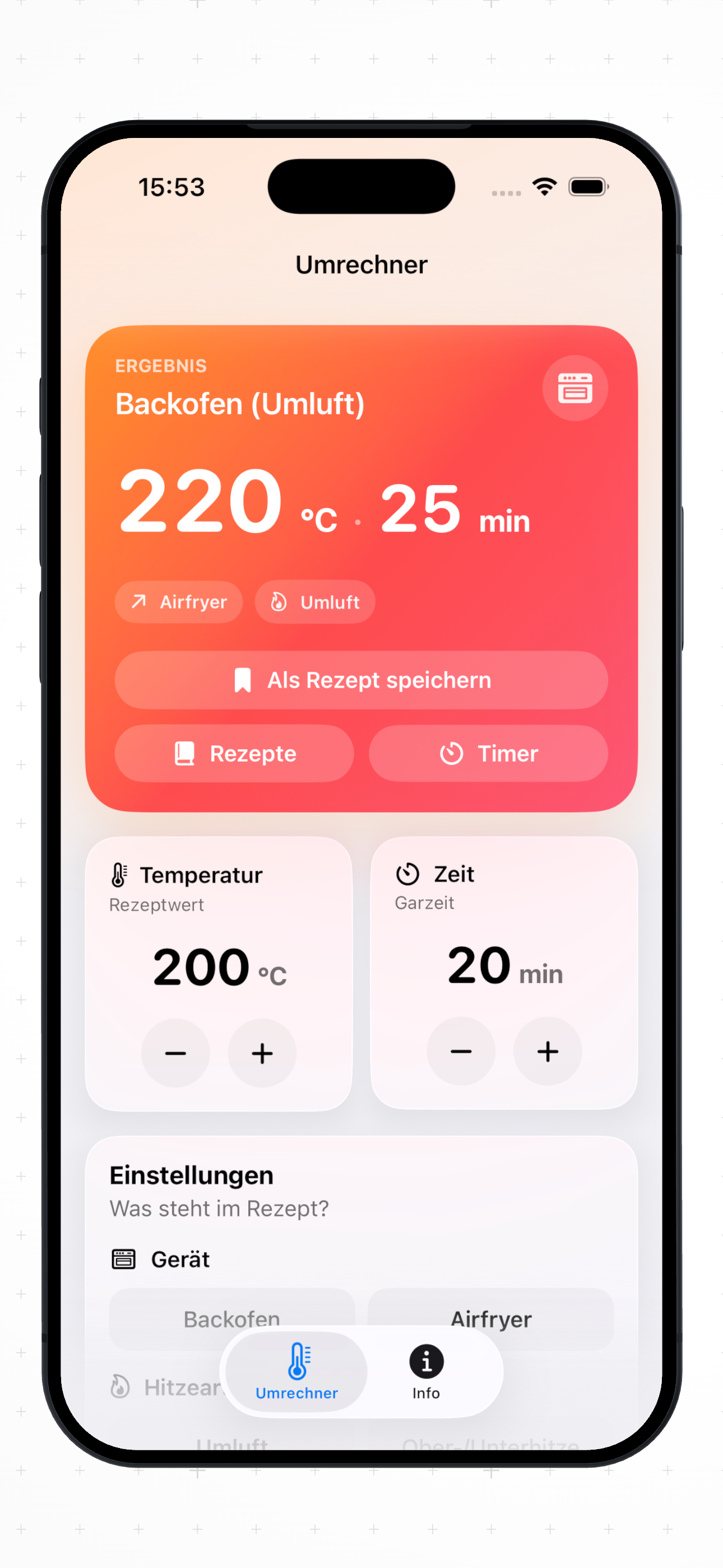 Umrechner mit Temperatur, Zeit und Einstellungen